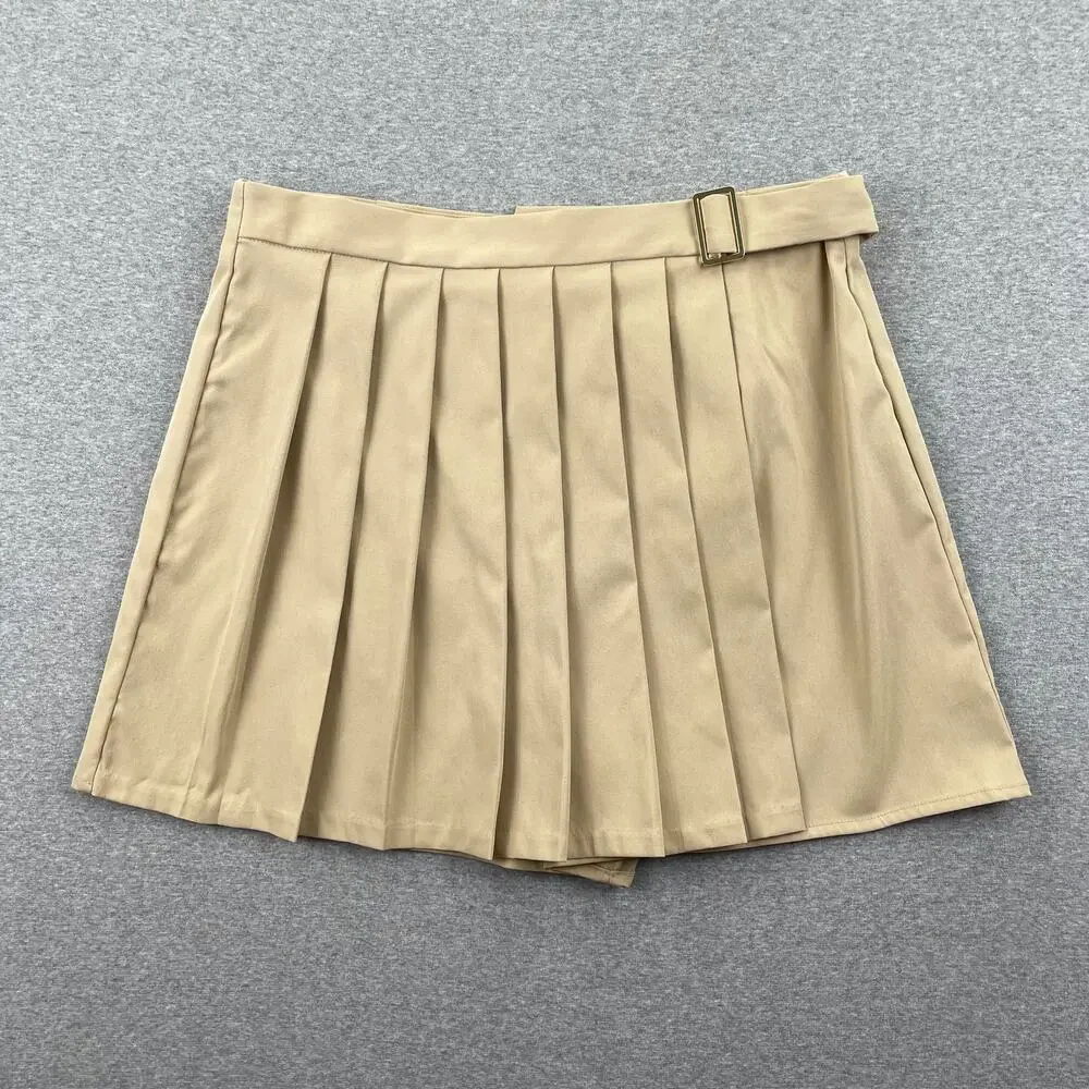 19 Cooper Pleated Skirt Skort XL Khaki Tan Woven Mini Belted Preppy Schoolgirl